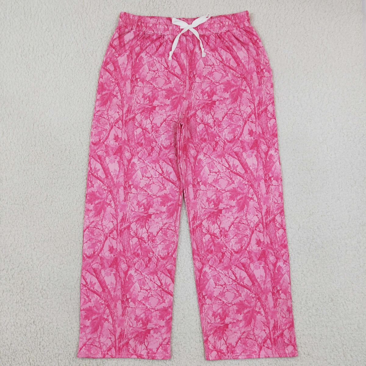 NEW RTS NO MOQ milk silk P1138 Adult Women Pink Leaves Camo Pockets Flare Pants Bottom
