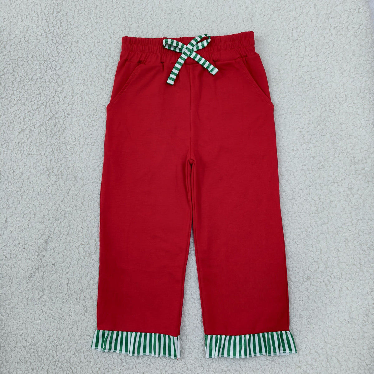 NEW RTS NO MOQ No moq milk silk P1153 Baby Girls Red Green Stripe Bows Pockets Ruffle Pants Bottom