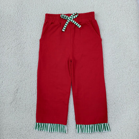 NEW RTS NO MOQ No moq milk silk P1153 Baby Girls Red Green Stripe Bows Pockets Ruffle Pants Bottom