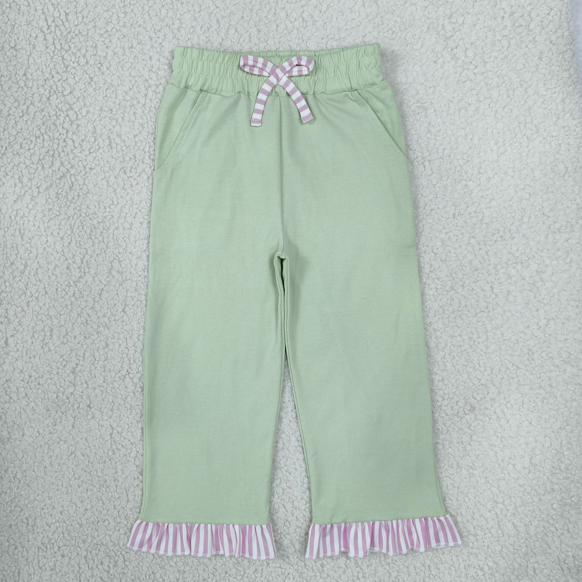 NEW RTS NO MOQ milk silk P1156 Baby Girls Light Green Bow Pockets Ruffle Pants Bottom