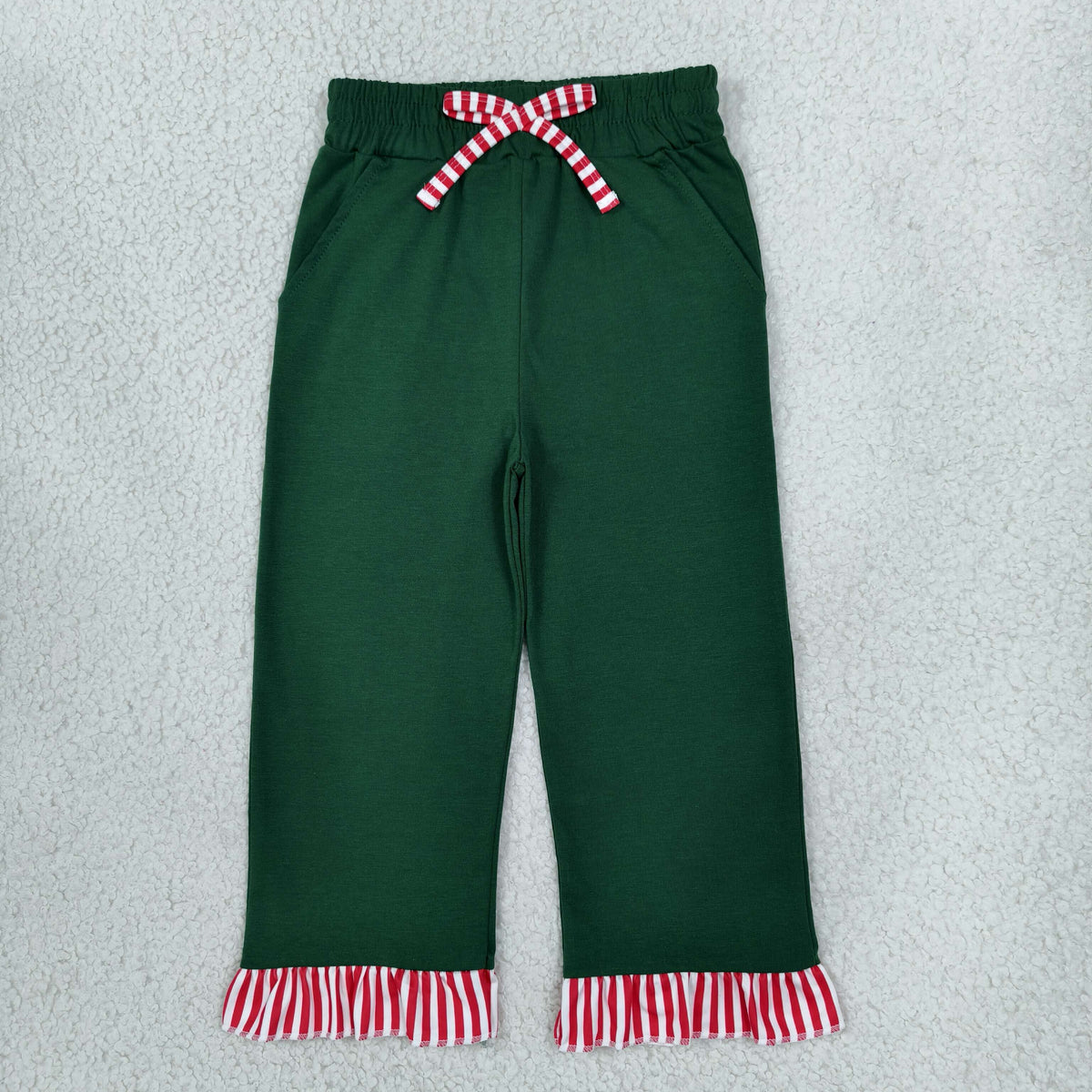 NEW RTS NO MOQ No moq milk silk P1158 Baby Girls Green Red Stripe Bow Pockets Ruffle Pants Bottom