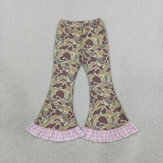 NEW RTS NO MOQ milk silk P1183 Baby Girls Khaki Camo Ruffle Flare Pants Casual Checked Flared Bottom