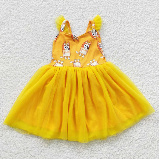 carton blue dogs girls dress yellow yarn kids skirt