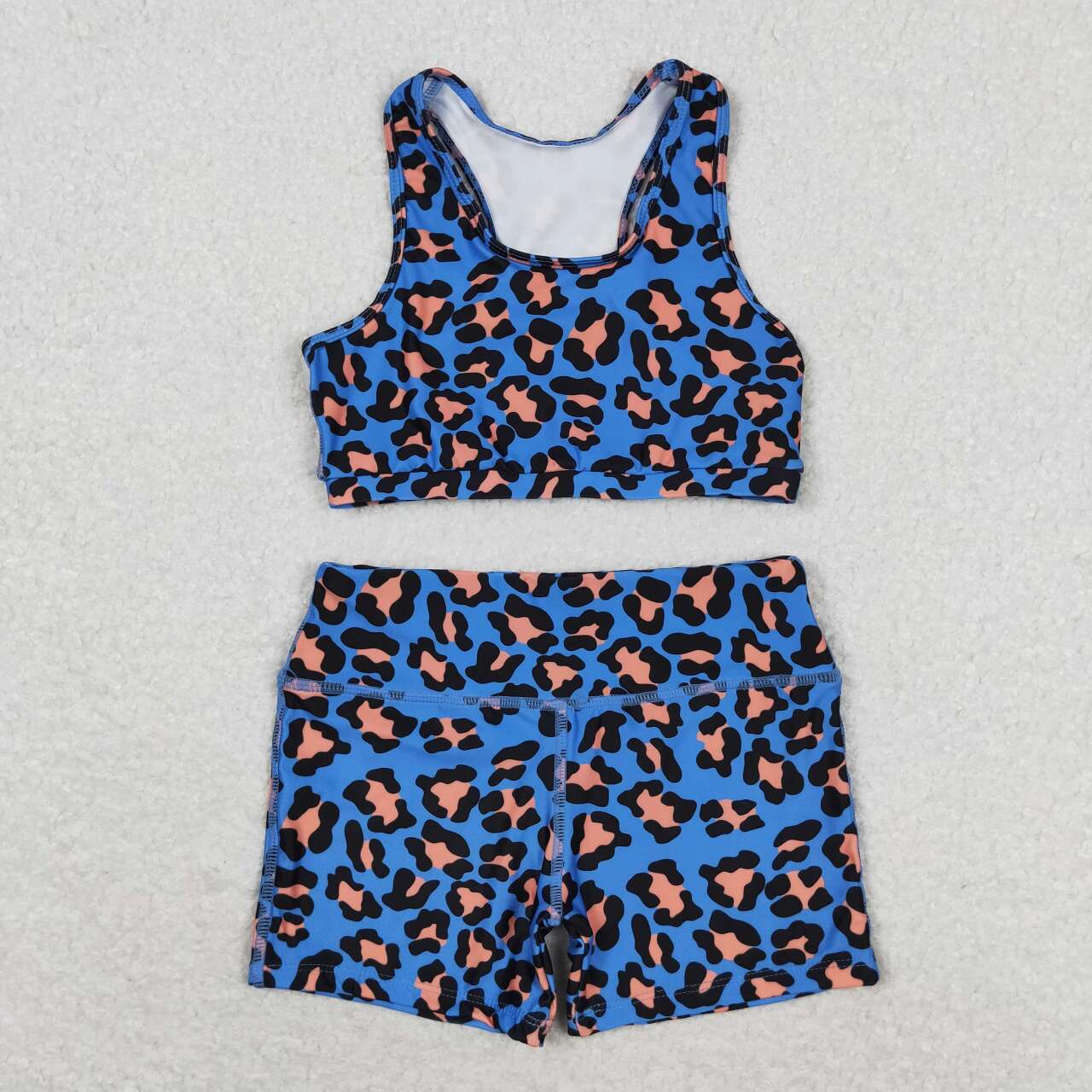 GT0517 blue and orange leopard print sleeveless top + S0214 blue and orange leopard print shorts