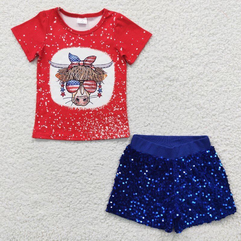 July 4th cow shirt & sequin shorts girls sets kids clothes