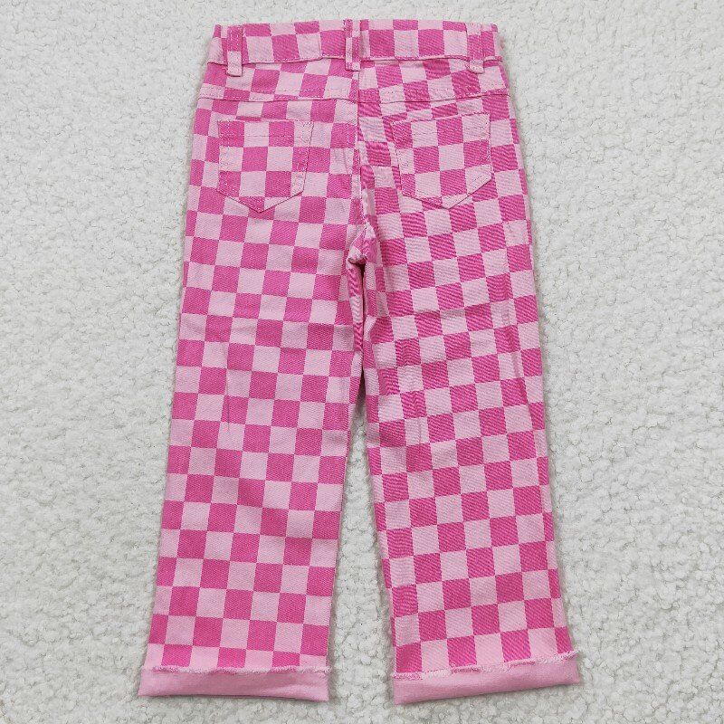 pink Plaid girls bells hole jeans