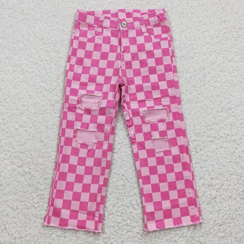 pink Plaid girls bells hole jeans