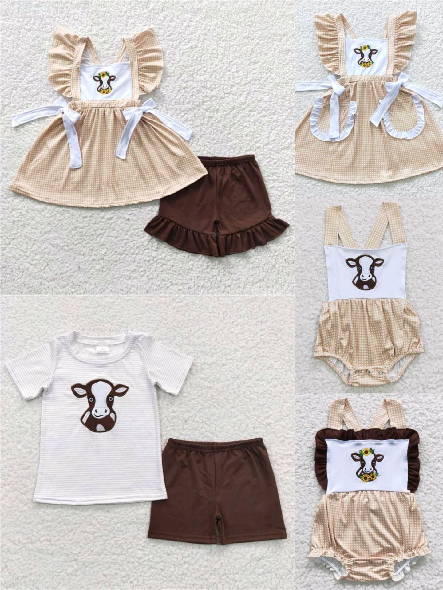 Siblings embroidery cow kids bubbles match dress and outfits baby rompers