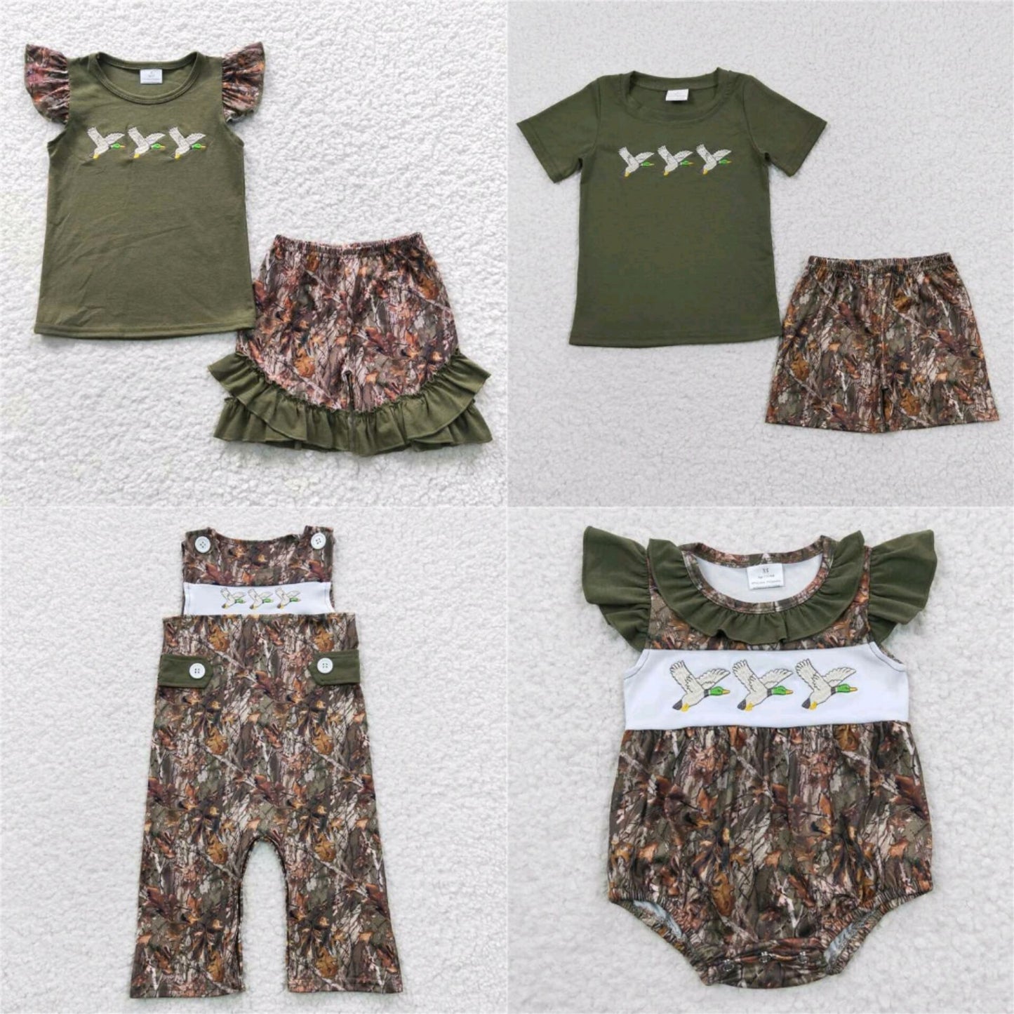 siblings embroidery Duck camo outfits match kids bubbles baby rompers