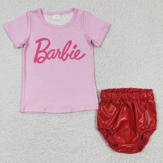 barbie girl bummies sets leather shorts & shirt baby kids clothes