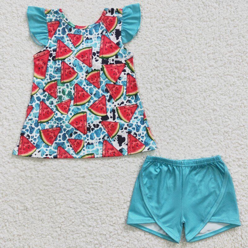 summer girls outfits watermelon top & blue shorts kids clothes