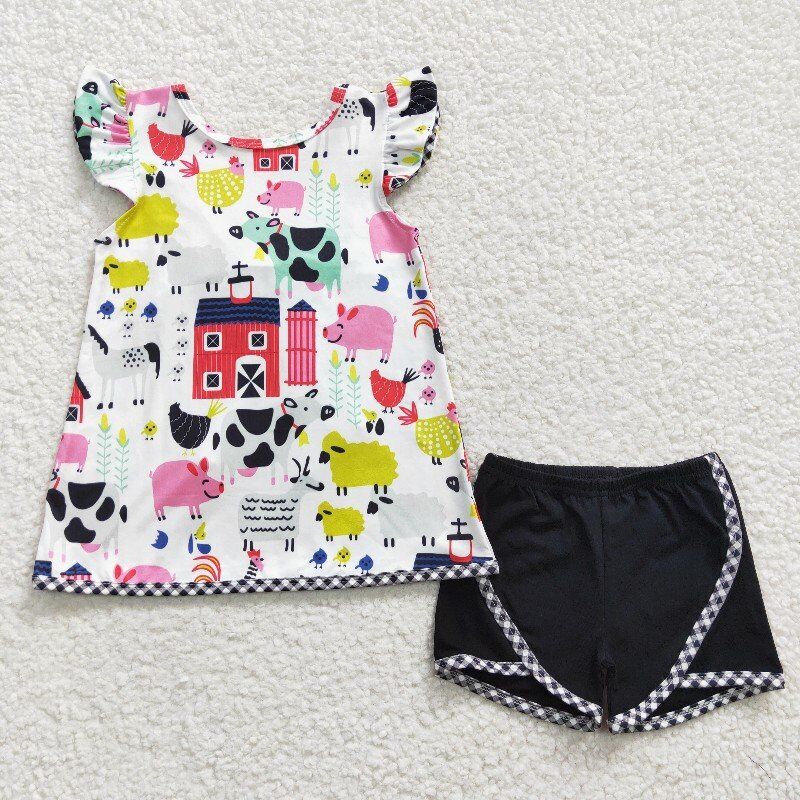 summer girls outfits farm top & black shorts kids clothes