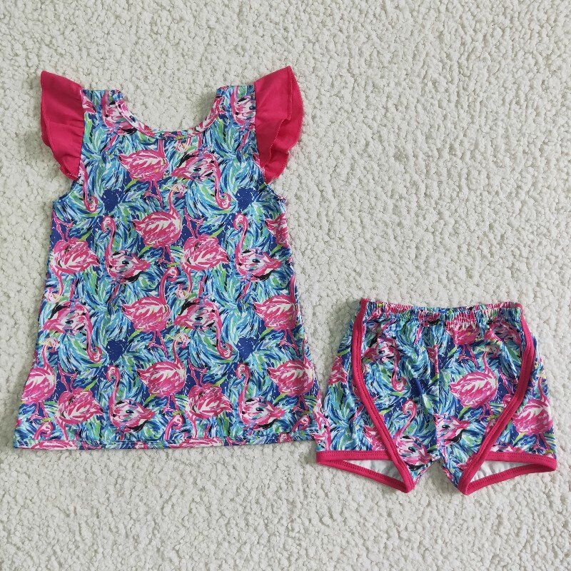 summer girls outfits flamingo t-shirt & shorts kids clothes