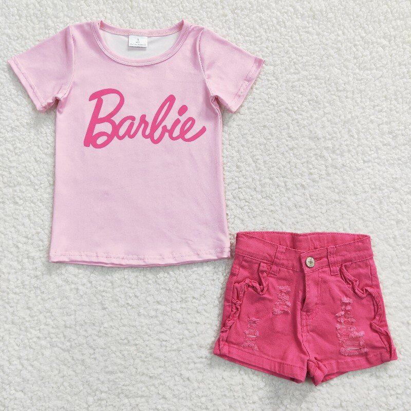 barbie shirt & denim shorts girls sets kids clothes