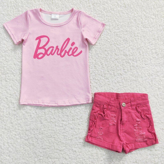 barbie shirt & denim shorts girls sets kids clothes