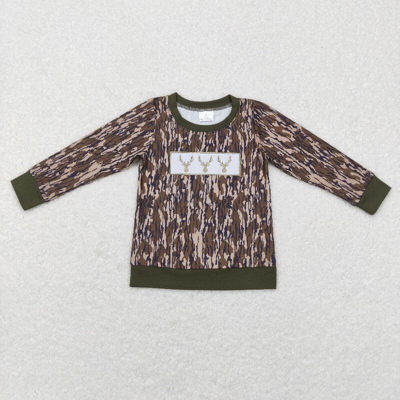 embroidery deer t-shirt camo boys long sleeve tops tee fall winter kids clothes