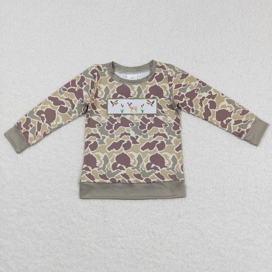 embroidery duck deer t-shirt camo boys long sleeve tops tee fall winter kids clothes