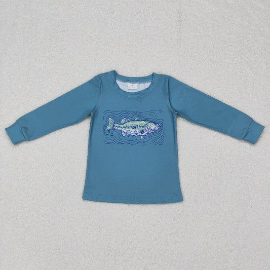 fish t-shirt blue boys long sleeve tops tee fall winter kids clothes