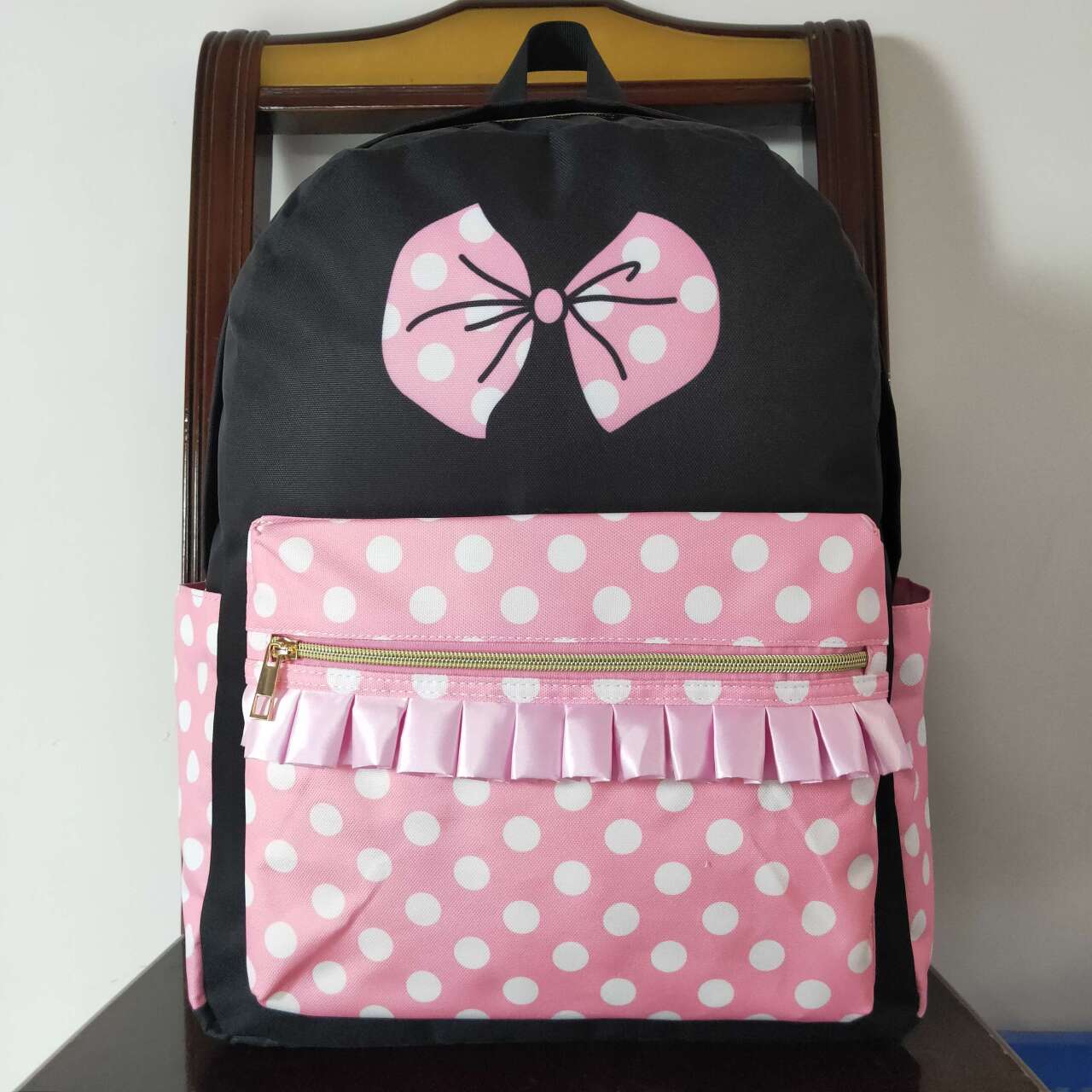 BA0183 Mickey and Minnie polka dot pink and black backpack