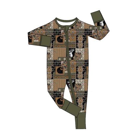 7.19Preorder moq 5 Baby Boys Long Sleeves Deer Aztec Plaid Zipper Pant Rompers