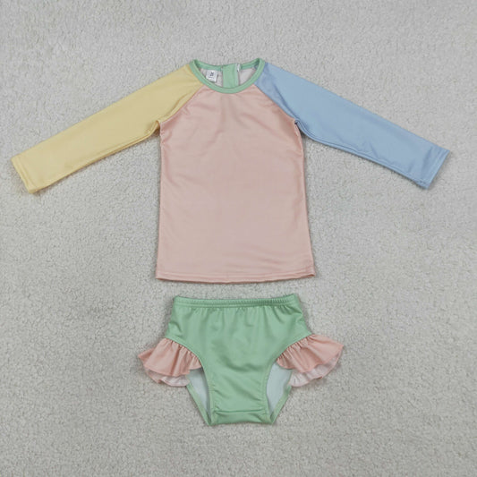 3.30 S0637 Baby Girls Yellow Aqua Blue Pink Patchwork Top Ruffle Bummies Swimsuits