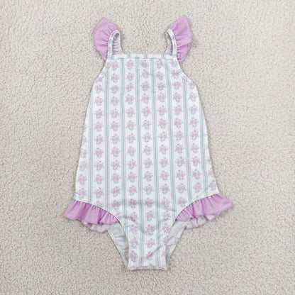 RTS NO MOQ milk silk S0643 Baby Girls Flutter Sleeve Flowers Stripe Back Bows Romper