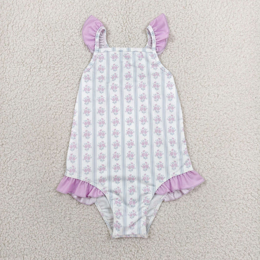 RTS NO MOQ milk silk S0643 Baby Girls Flutter Sleeve Flowers Stripe Back Bows Romper