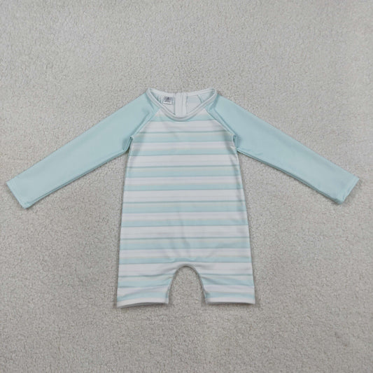 3.30 S0650 Baby Girls Aqua Blue Stripe Romper Swimsuits