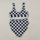 3.30 S0736+S0737 Sibling Adult Women Black Checkered Bra Top Bummies Bottom Swimsuits Sets