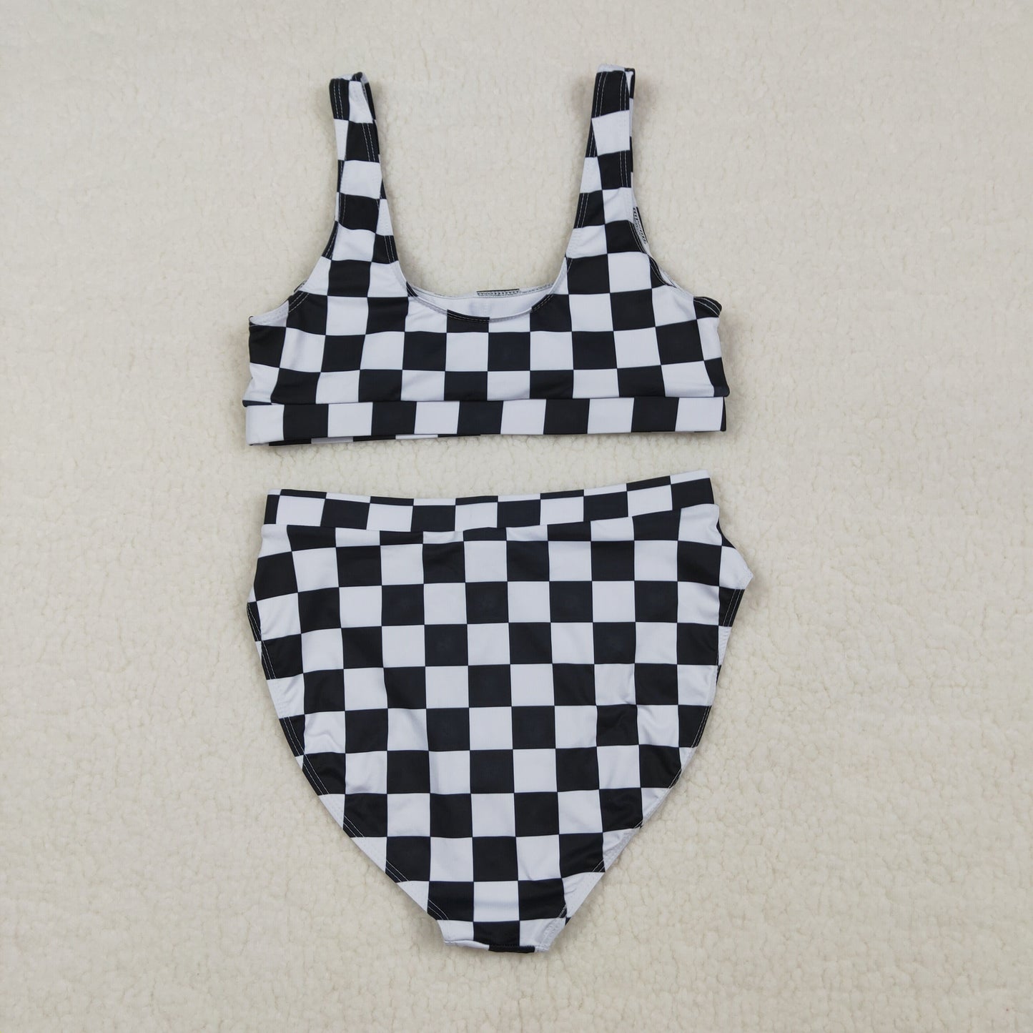 3.30 S0736+S0737 Sibling Adult Women Black Checkered Bra Top Bummies Bottom Swimsuits Sets
