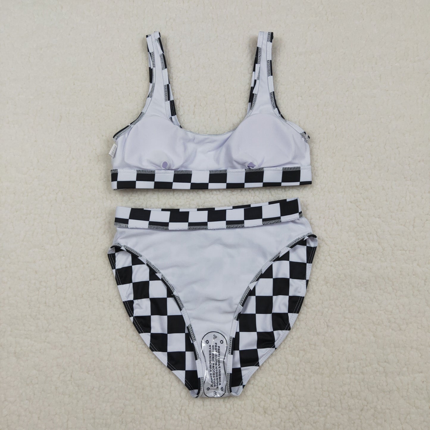 3.30 S0736+S0737 Sibling Adult Women Black Checkered Bra Top Bummies Bottom Swimsuits Sets