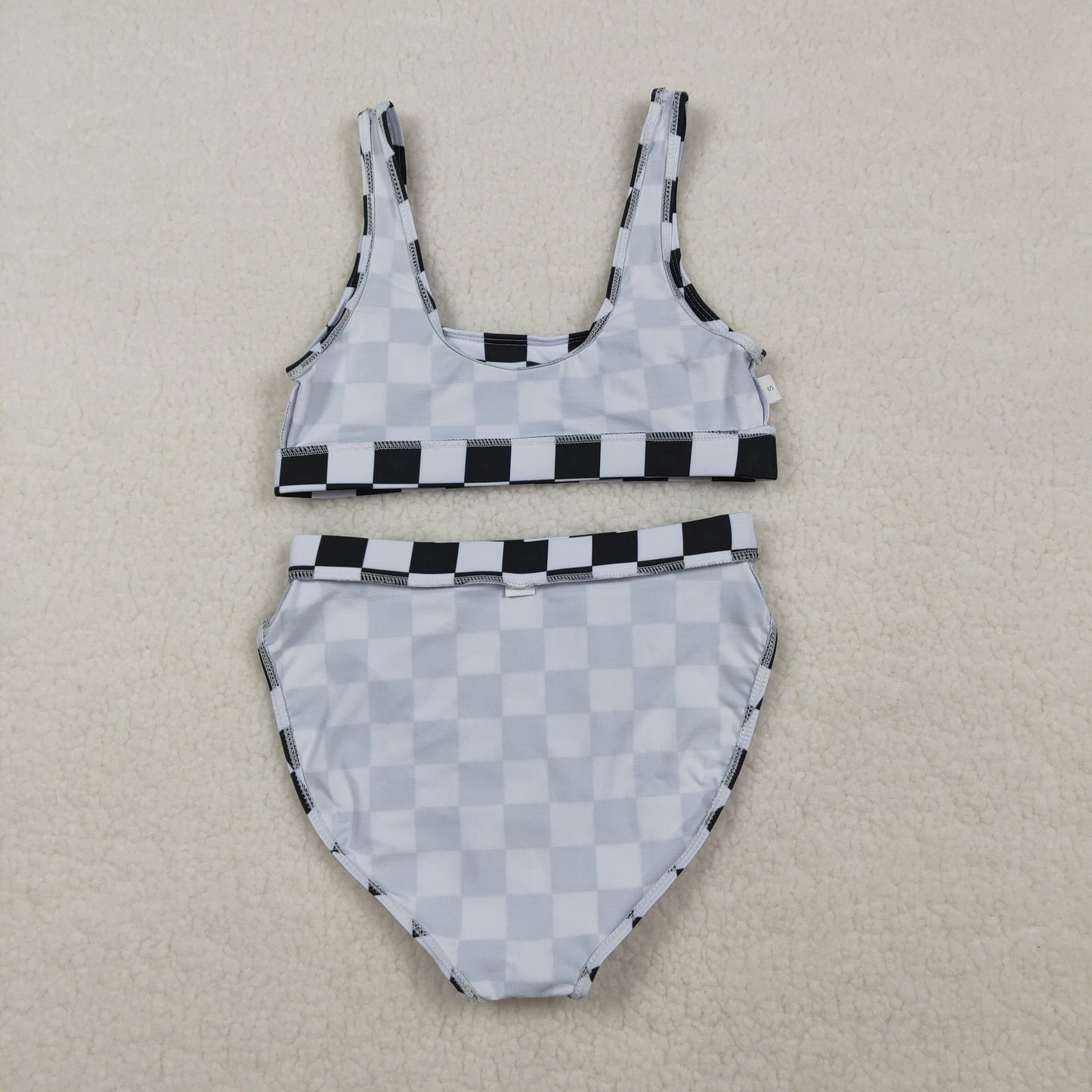 3.30 S0736+S0737 Sibling Adult Women Black Checkered Bra Top Bummies Bottom Swimsuits Sets