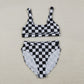 3.30 S0736+S0737 Sibling Adult Women Black Checkered Bra Top Bummies Bottom Swimsuits Sets