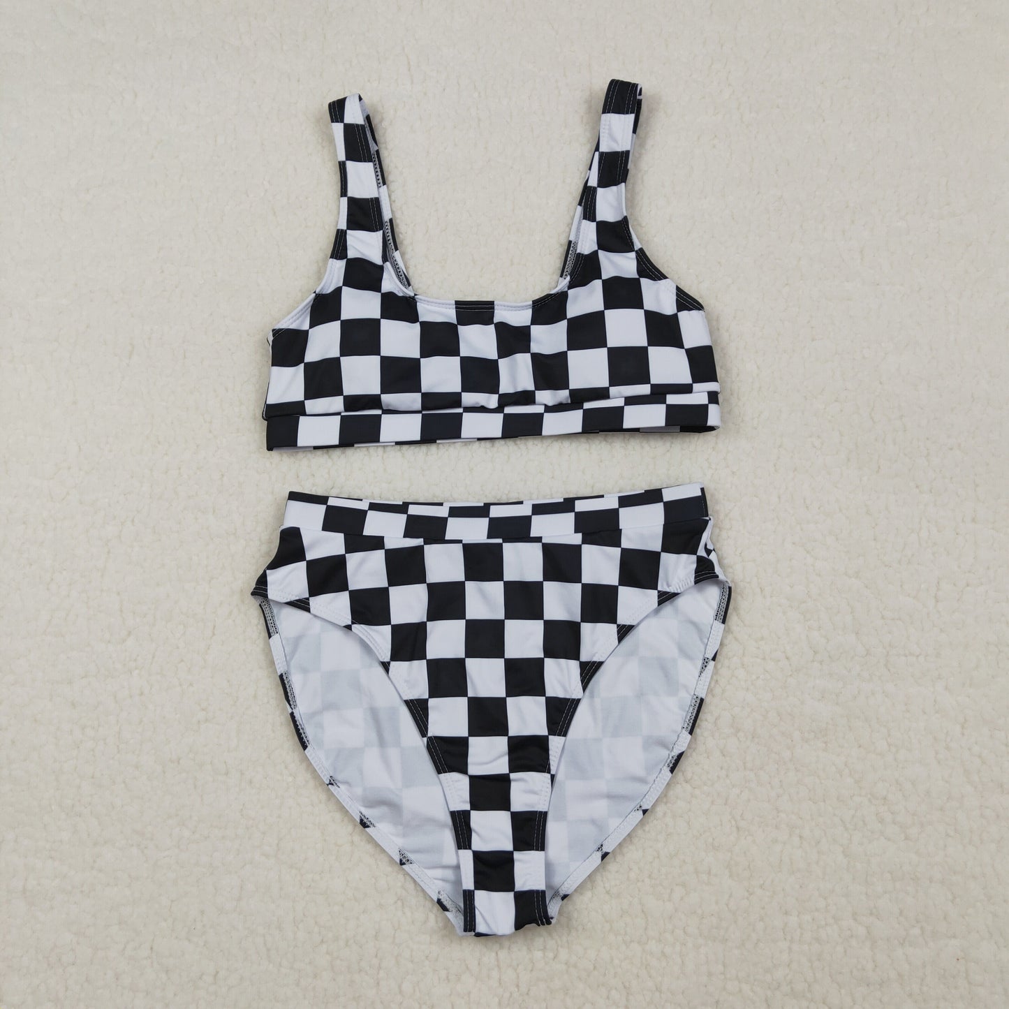 3.30 S0736+S0737 Sibling Adult Women Black Checkered Bra Top Bummies Bottom Swimsuits Sets