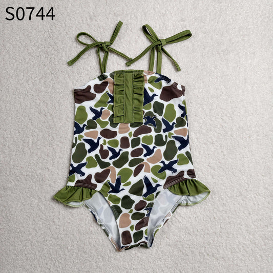 RTS NO MOQ milk silk S0744 Baby Girls Strap Southern Green Camo Ducks Hunting Swimsuits
