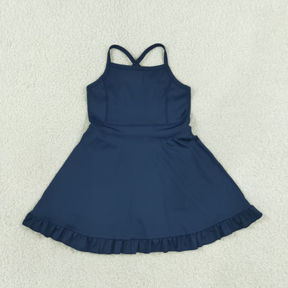 NEW RTS NO MOQ yoga fabric cotton S0779 Yoga Baby Girls Navy Solid Knee Length Athletic Active Dress