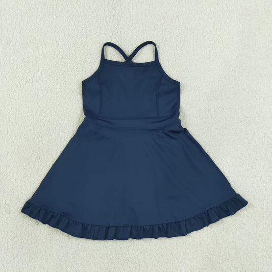 NEW RTS NO MOQ yoga fabric cotton S0779 Yoga Baby Girls Navy Solid Knee Length Athletic Active Dress