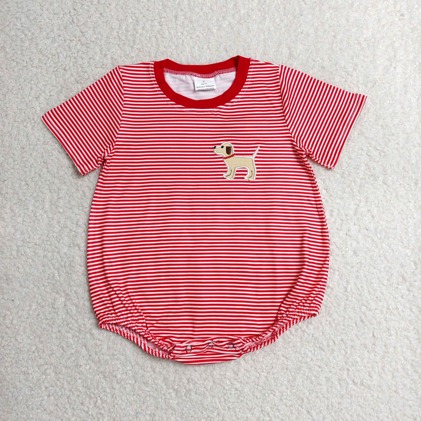 RTS NO MOQ milk silk SR2286 Embroidery Dog Baby Boys Red Stripes Short Sleeve Rompers