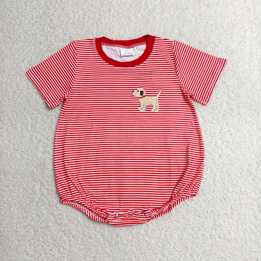 RTS NO MOQ milk silk SR2286 Embroidery Dog Baby Boys Red Stripes Short Sleeve Rompers