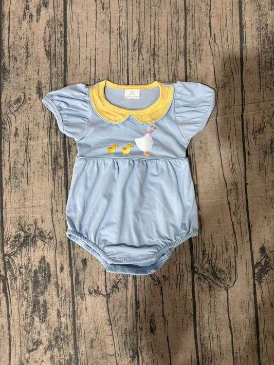 SR3298Embroidery Ducks Goose Baby Girls Short Sleeve Collar Ruffle Rompers Preorder