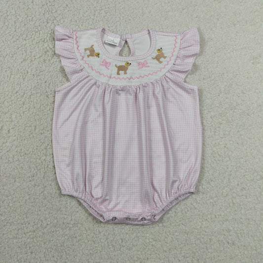 RTS NO MOQ milk silk SR3316 Smocked Dogs Bows Baby Girls Flutter Sleeve Ruffle Rompers