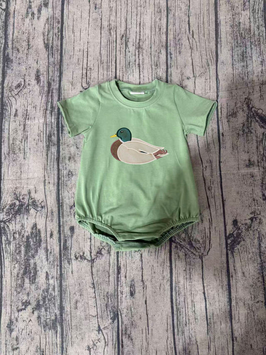 SR3444Embroidery Ducks Baby Boys Green Short Sleeve Hunting Rompers Preorder
