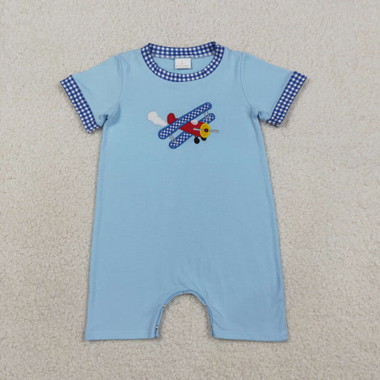 3.30 SR3543 Embroidery Planes Baby Boys Blue Short Sleeve Rompers