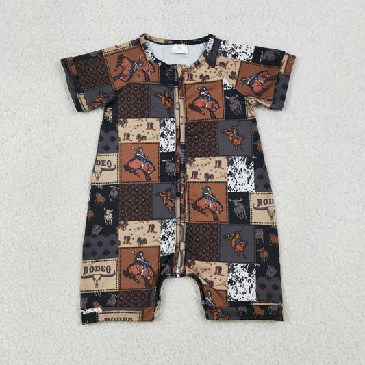 SR3545 Baby Boys Horse Rodeos Aztec Checked Western Zipper Rompers