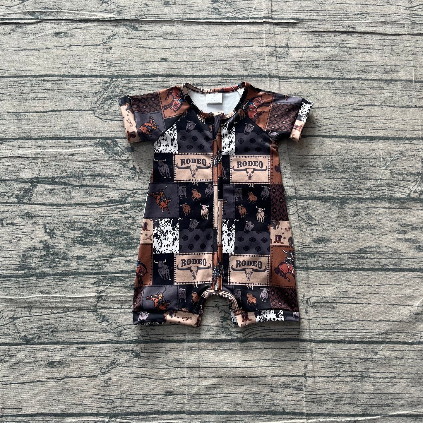 SR3545Baby Boys Horse Rodeos Aztec Checked Western Zipper Rompers