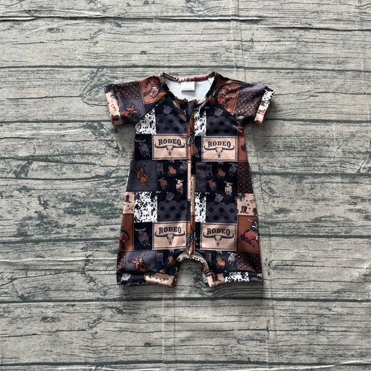 SR3545Baby Boys Horse Rodeos Aztec Checked Western Zipper Rompers