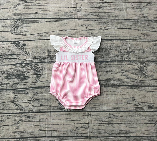 SR3593Smocked Little Sister Baby Girls Pink Stripe Collar Ruffle Rompers Preorder