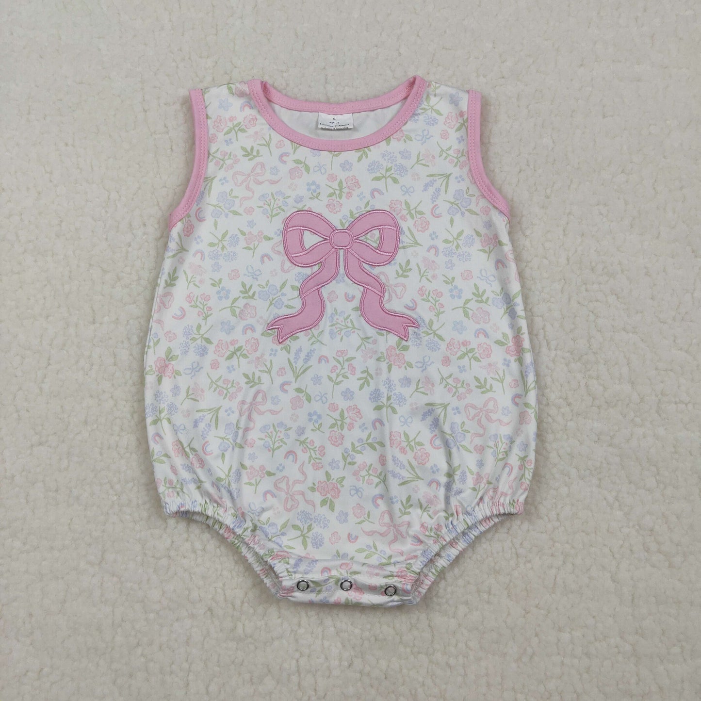 3.30 SR3727 Embroidery Pink Bow Baby Girls Sleeveless Flowers Ruffle Rompers