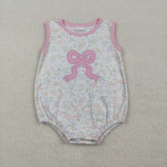 3.30 SR3727 Embroidery Pink Bow Baby Girls Sleeveless Flowers Ruffle Rompers