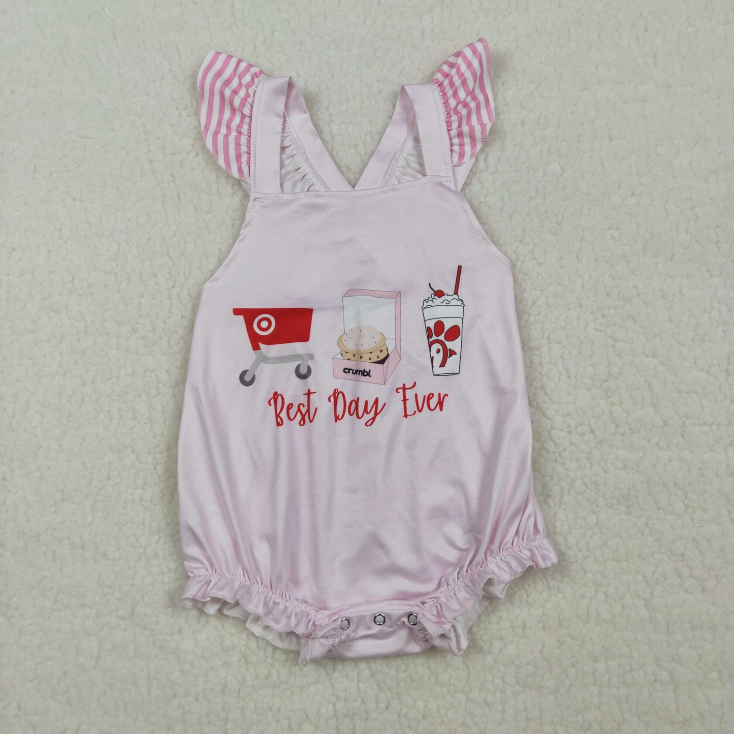 3.30 SR3780 Baby Girls Pink Flutter Sleeve Chicken Best Day Ever Ruffle Rompers